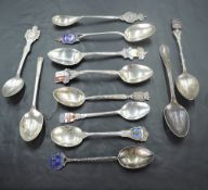 A selection of silver and white metal souvenir spoons, various, three without English hallmarks (12)