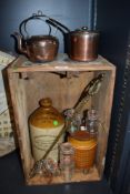 A selection of kitchenalia including copper wares, temperance flagon and wooden crate etc