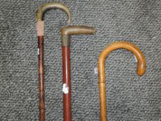 Three walking sticks including bamboo shafted with horn handle and bent wood