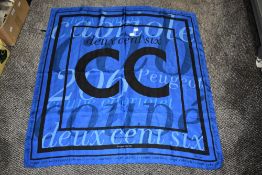A vintage Peugeot Cabriolet Coupe head scarf in blue silk.
