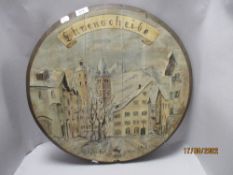 A 20th century spirit barrel lid hand painted with a German winter scene