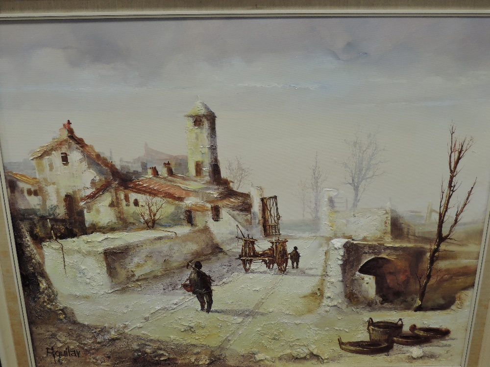 Aquila, (20th century), an oil painting, Continental village, textured, indistinctly signed, 62 x