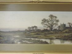 D Sherrin, (1868-1941), a watercolour, village and stream, signed, 30 x68cm, gilt plaster framed and