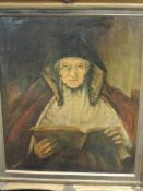(20th century), an oil painting, hooded mystic lady reading, 60 x 50cm, framed, 75 x 65cm