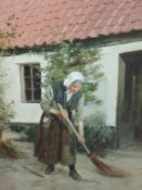 H S M, (19th century), an oil painting, Dutch lady sweeping, initialled, 38 x 28cm, mounted framed