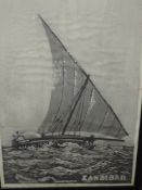 (20th century), a print, fabric, Zanzibar, 76 x 51cm, framed and glazed, 81 x 55cm, and three dec