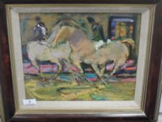Robin Philipson, (1916-1992), an oil painting, Horse Men, signed and attributed verso, 29 x 33cm,