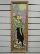 A E Blake, (20th century), an oil painting on board, black cat and flowers, signed, 75 x 22cm,
