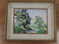 (20th century), an oil painting, river and trees, indistinctly signed, 14 x 19cm, 23 x 27cm, framed