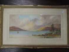 E M Earp, a watercolour, Scottish Loch, 25 x 55cm, mounted framed and glazed, 48 x 78cm