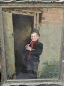 (20th century), an oil painting, boy playing flute, not signed, 75 x 54cm, ornate framed, 89 x 68cm