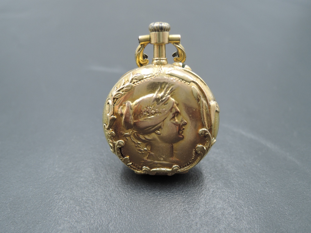 A French yellow metal miniature pocket/pendant watch bearing marks, probably 18ct gold, having - Image 2 of 3