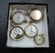 Five assorted gold plated pocket watches including full hunter, Avia, Thomas Russell etc