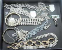 A selection of diamante jewellery including bracelets, necklaces, earrings, brooches and bangle