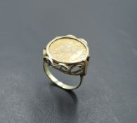 A gold coin ring bearing a reproduction Ducat coin in a 14ct gold removable ring mount, size Q &