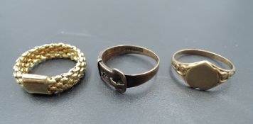 Three assorted 9ct gold rings including signet ring, buckle etc, all size L & approx 4.9g