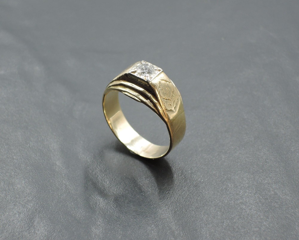 A gent's diamond solitaire yellow metal signet ring, approx 0.5ct in a square bead set raised