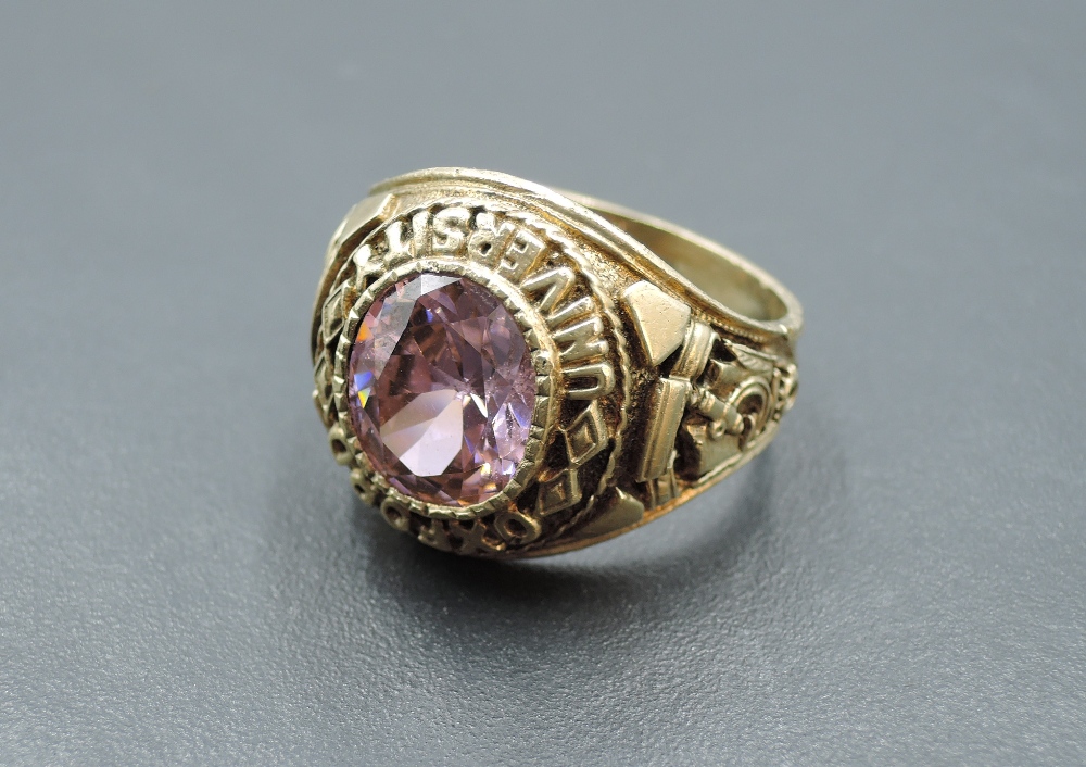 A 9ct gold Oxford University Graduation signet ring having central oval pink gem stone in a collared - Image 2 of 3