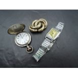 A 1930's gent's chrome wrist watch, small white metal hunter pocket watch of slim form, (cracked