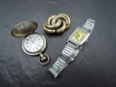 A 1930's gent's chrome wrist watch, small white metal hunter pocket watch of slim form, (cracked