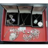 A selection of HM silver and white metal necklaces stamped 925 including Mackintosh design,