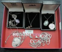 A selection of HM silver and white metal necklaces stamped 925 including Mackintosh design,