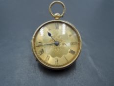 An 18ct gold key wound pocket watch having Roman numeral dial to engraved face in extensively