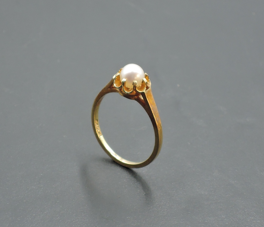 A cultured pearl solitaire ring in a frilled mount on a yellow metal loop stamped 585, size M & - Image 2 of 5