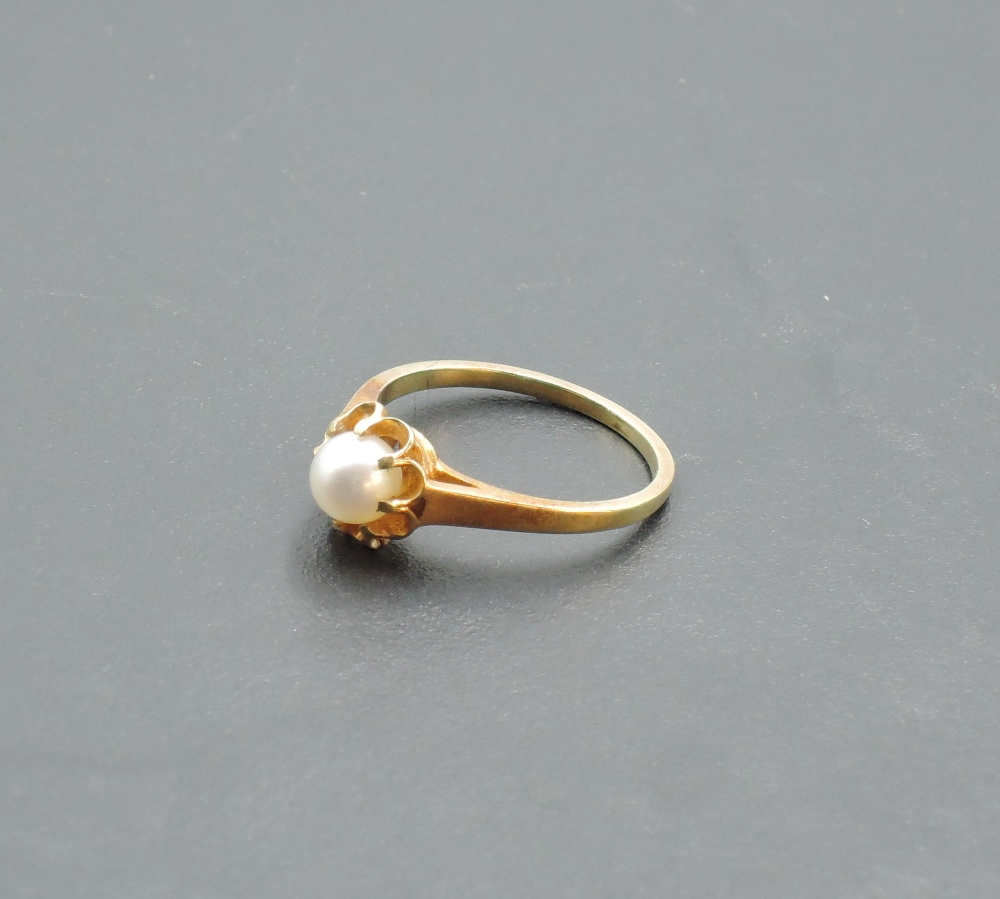A cultured pearl solitaire ring in a frilled mount on a yellow metal loop stamped 585, size M & - Image 4 of 5