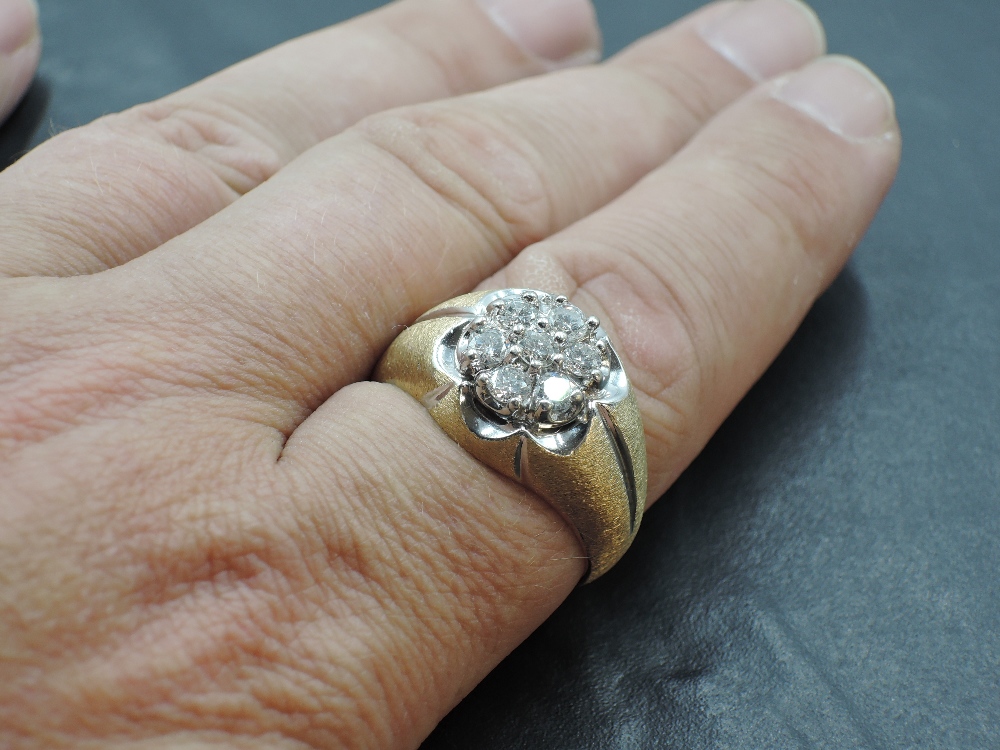 A gent's seven stone diamond cluster ring, total approx 1ct in a textured floral style heavy mount - Image 3 of 4