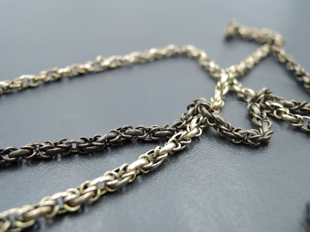 A yellow metal fancy link muff chain with dog leash clasp, no marks but tests as 9ct gold, approx - Image 2 of 2