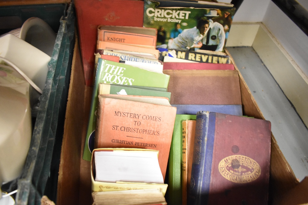 A box of books of Cricket, Scottish Highland and cookery interest also included are several