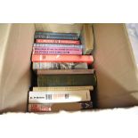 Two boxes of library volumes including Alfred Hitchcock