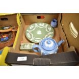 A Dudson tea pot having blue ground with white classical scene relief pattern and three items of