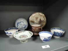 A collection of oriental ceramics including pin dish,small footed tazza and Satsuma ware plate