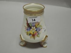 A fine Royal Worcester lions foot tripod base vase hand painted with flowers and gilt borders