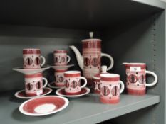 A mid century Rye Monastery Cinque ports pottery part coffee service in a red and white design