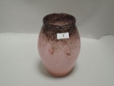 A modern art glass vase having pink and purple body with metallic gold flecks hand blown with