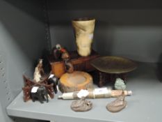 A mixed lot of vintage items to include treen elephants, ash tray and music box also figurines, horn