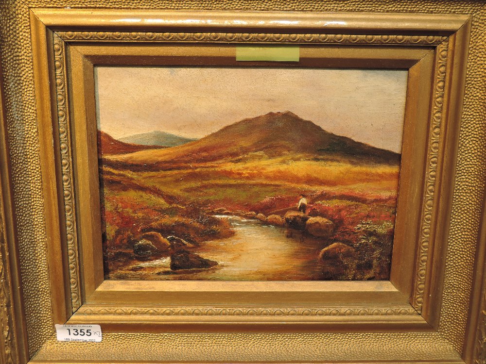 (19th/20th century), an oil painting, moorland landscape, 17 x 23cm, gilt plaster framed, 33 x 39cm,