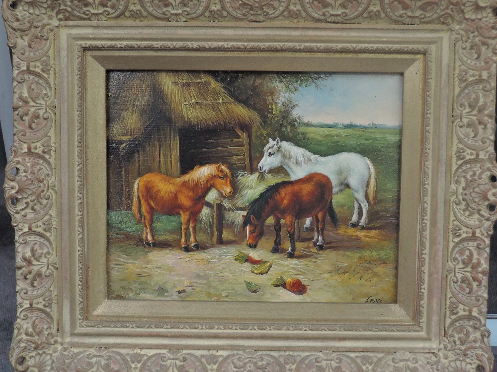 Levi, (20th century), an oil painting on board, horses and stable, signed. 19 x 29cm, ornate moulded