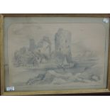 (19th century), a pencil sketch, castle ruins, 35 x 50cm, framed and glazed, 45 x 60cm