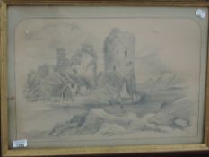 (19th century), a pencil sketch, castle ruins, 35 x 50cm, framed and glazed, 45 x 60cm