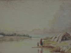 (19th/20th century), a watercolour, riverside camp,unsigned, 14 x 24cm, mounted oak framed ands