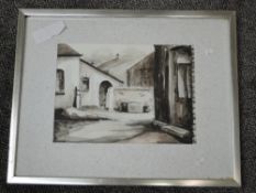 P E K, (20th century), study of buildings, initialled, 26 x 36cm, mounted framed and glazed, 46 x