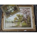 B Gadris, (contemporary), an oil painting, Alpine lake and blossom, signed, 40 x 50cm, ornate