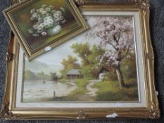 B Gadris, (contemporary), an oil painting, Alpine lake and blossom, signed, 40 x 50cm, ornate