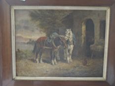 Henry F, (19th century), an oil painting, horses at stable, indistinctly signed, 31 x 41cm, treen