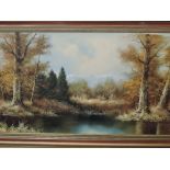 (20th century) an oil painting, autumnal woodland and river, indistinctly signed, 48 x 99cm, framed,