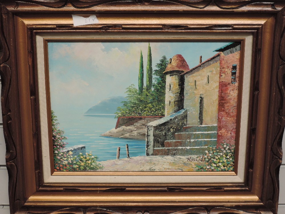 Rossin,(20th century), an oil painting, Continental lake vista, 29 x 39cm, stained wood frame, 50